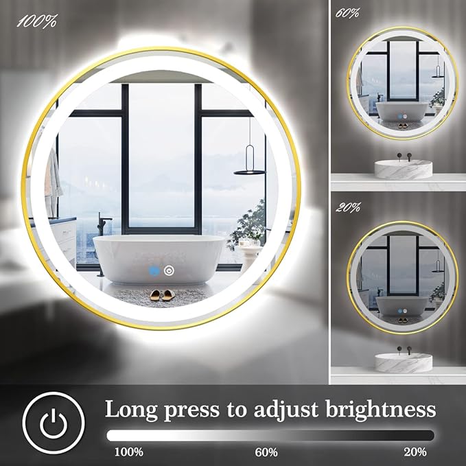 30 Inch Gold Round Vanity Mirror with Lights Gold Frame Circle Lighted Mirror for Bathroom Salon Wall 30" Golden Circle Round LED Light up Mirrors Smart Touch Memory 3 Color Dimmable AntiFog