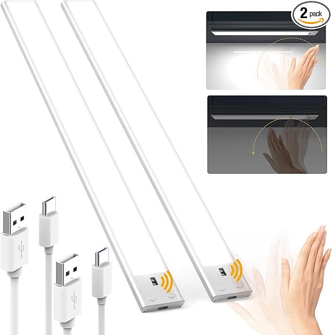 SUPERDANNY 16 Inch Under Cabinet Lights, Hand Wave Sensor 65 LED Under Cabinet Lighting, Upgraded Rechargeable 3000mAh Battery Cordless Under Counter Lights for Kitchen, Closet, Workbench, 2/Pack
