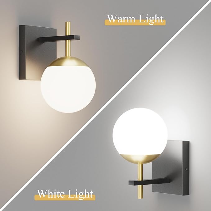Ralbay Black Gold Indoor Wall Sconces Set of 2,Mid Century Modern Bathroom Wall Lighting Fixtures Milky Glass Wall Lamp for Bedroom Living Room Vanity Hallway,Black and Gold(Exclude Bulb)