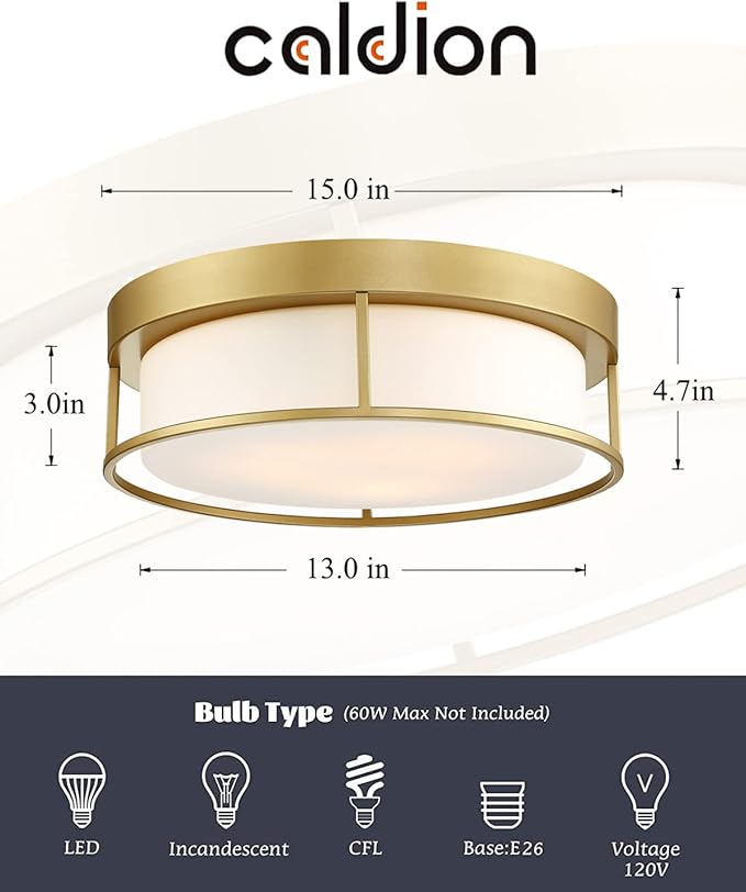 CALDION Ceiling Light, 15 Inch Flush Mount Ceiling Light Fixture, Gold Finish with Opal Frosted Glass, Round Close to Ceiling Lights for Bedroom, Kitchen 6871LFM-GD-15