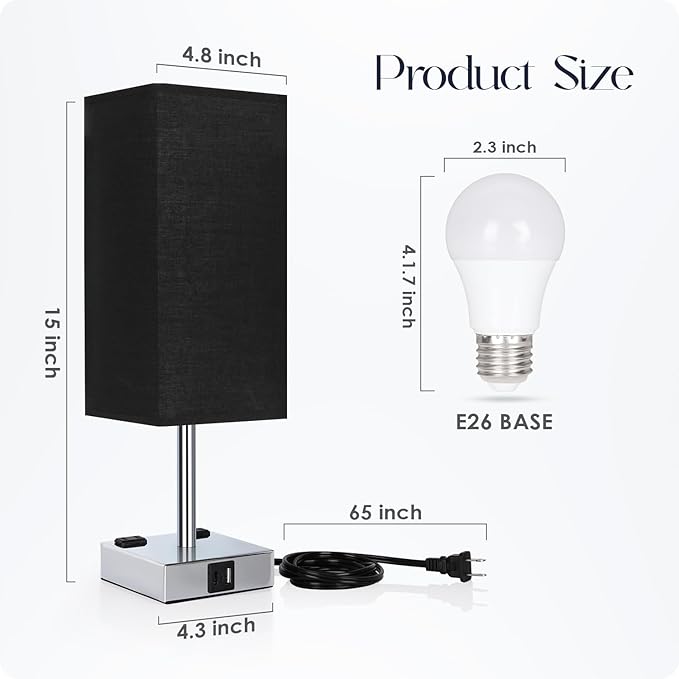 Soilsiu Bedside Lamp with USB Ports - Touch Control Table Lamp for Bedroom with USB C+A Charging Ports & AC Outlets, 3 Way Dimmable Nightstand Light for Living Room (Bulb Included, Black)