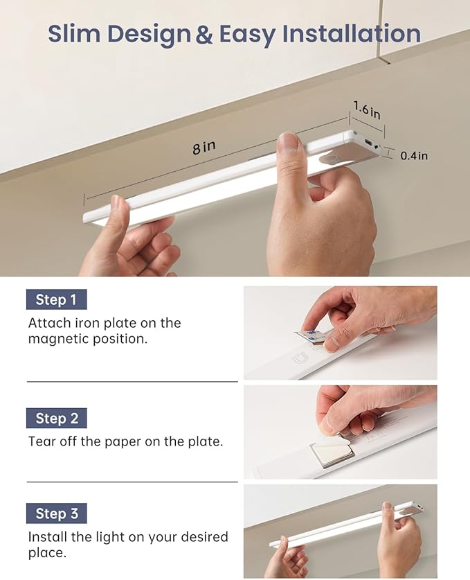 Pak 16 Inch Under Counter Cabinet Lighting, 83 LED Battery Operated Motion Sensor Light, Dimmable Closet Lights, USB Rechargeable, Wireless Magnetic Under Counter Light for Kitchen, Bathroom, 2 Packs