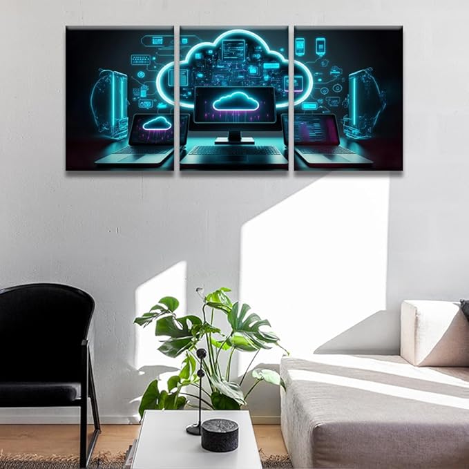 LSIUHWUWI 3 Panel Canvas Wall Art Modern Cloud Technologies Neon Colors Cyber Space Pictures Print On Canvas for Living Room Bedroom Wall Decoration, Posters Ready to Hang, 12x16inchx3