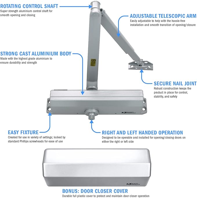 Nuk3y 9000 Series Grade 1 Heavy Duty Door Closer, Multi-Mount, Adjustable Size 1-6, ADA Compliant, UL Listed