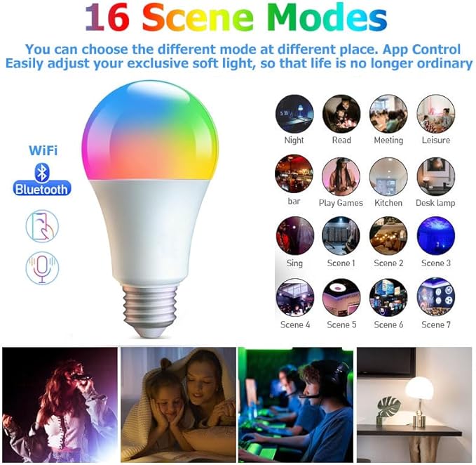4 Pack Smart Light Bulbs,WiFi & Bluetooth LED Light Bulb That Works with Alexa & Google Home, Color Changing Light Bulb, 10W A19 E26 2.4Ghz WiFi Light Bulbs 60 watt Equivalent, 800lm Dimmable