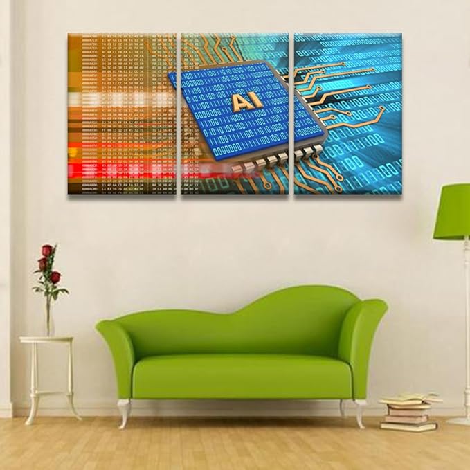 LSIUHWUWI 3 Panels Canvas Wall Decor Modern Art AI Sign and Binary Code Inside Picture Poster for Bedroom Living Room Wall Decorations, CPU Artwork Ready to Hang, 16x24inchx3