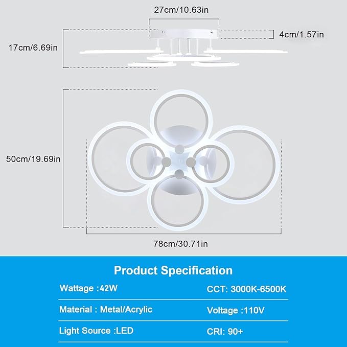 DELIPOP Modern Ceiling Light, 31.8'' Dimmable LED Ceiling Lights with Remote, White 6 Rings Flush Mount Ceiling Light for Kitchen, Bedroom, Living Room, Dining Room