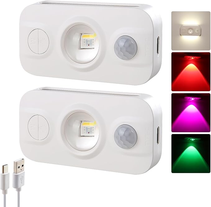 DAMI Motion Sensor Step Light with 7 Colors, USB Rechargeable, Dimmable Warm White Night Light for Bedroom, Kitchen, Staircase, Cabinets – 2 Pack LED Cabinet Lighting, 600mAh Battery