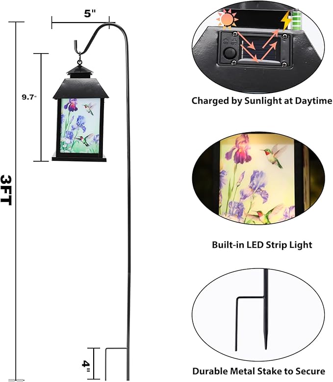 Afirst Solar Lantern Outdoor, Hanging Lights Decorative Hummingbird Outdoor Lighting Waterproof Umbrella Lights for Patio Garden, Table,Party Decor（Included Shepherd Hook）