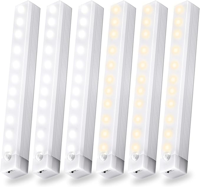 6 Pack Motion Sensor Under Cabinet Light, Magnetic Rechargeable 2 Color Under Counter Light, 8 Inch LED Closet or Stair Bedroom Cupboard