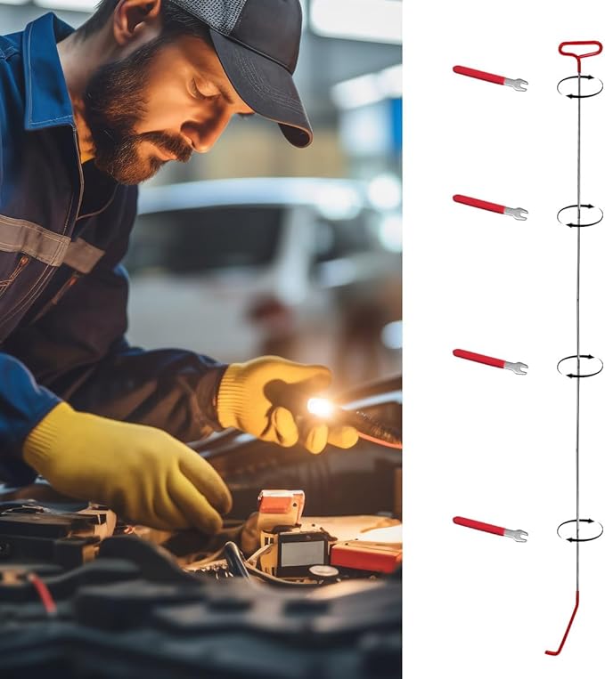 Car Long Reach Tool, 67" Multi-Function Automotive Emergency Tool, Portable Long Pin Puller Hook Kit with Adjustable Length for Vehicles, Car Repair Tool Kit Accessories (Red)