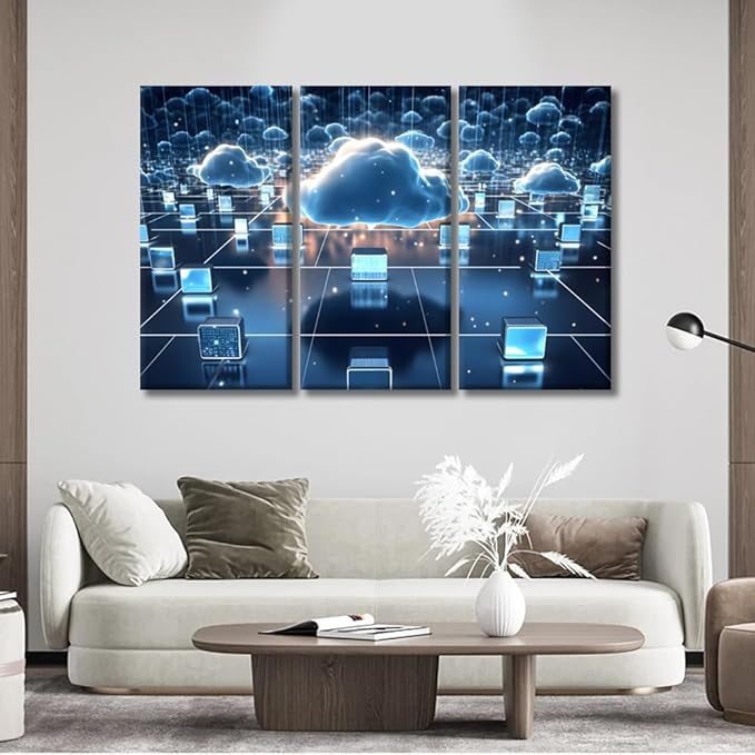 LSIUHWUWI Wall Decor for Bedroom Posters and Prints Digital Informational Technology Web Futuristic Hologram Pictures Print on Canvas 3 Pieces Wall Artwork Framed Ready to Hang 20x40inchx3