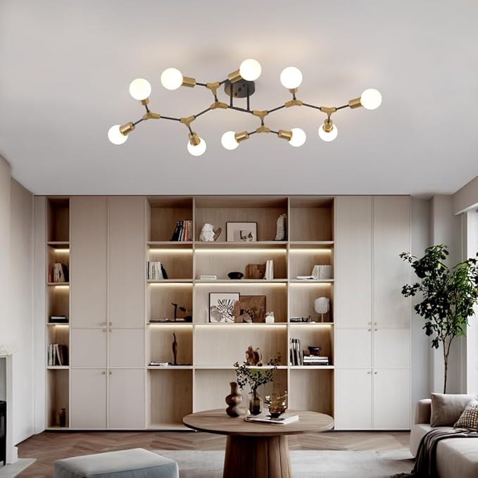 Mid Centur Modern 10 Light Semi Flush Mount Ceiling Lighting Fixture for Dining Room Living Room Bedroom Aisle Kitchen Restaurant,Metal Gold and Black Sputnik Chandelier