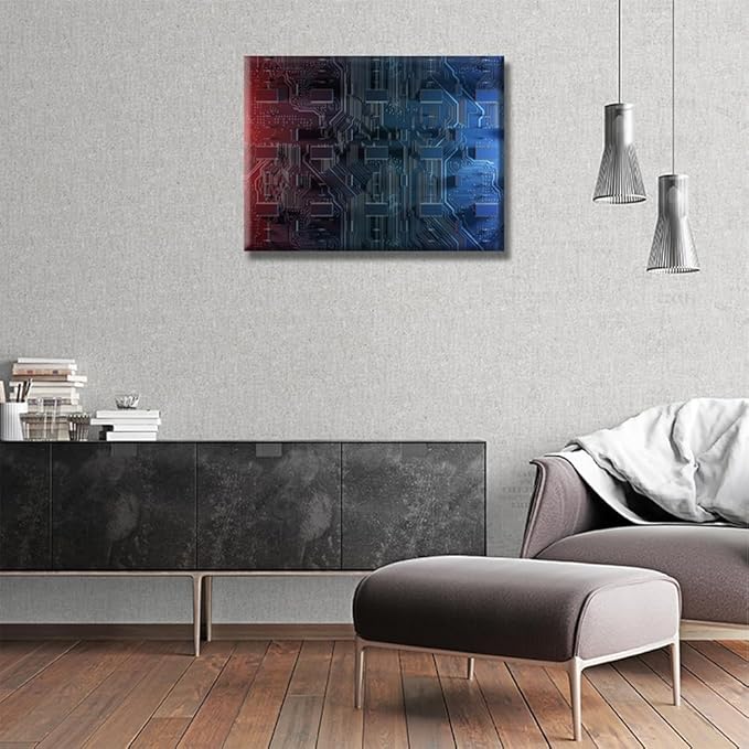LSIUHWUWI Canvas Wall Art Abstract Computer Motherboard Wall Art for Living Room Home Decor Computer Chip Poster Electronic PC Living Room Wall Decoration Framed Ready to Hang 12x16 INCH