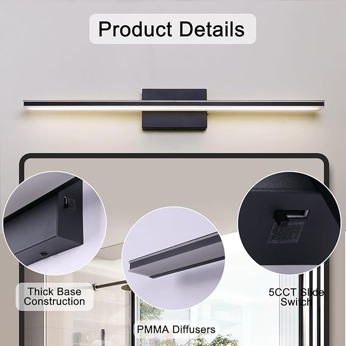 LED Modern Bathroom Vanity Light Dimmable 5CCT Bathroom Light Fixture Over Mirror, Black Bar Vanity Light for Bathroom Mirror Restroom(31.5 inch, 24W)