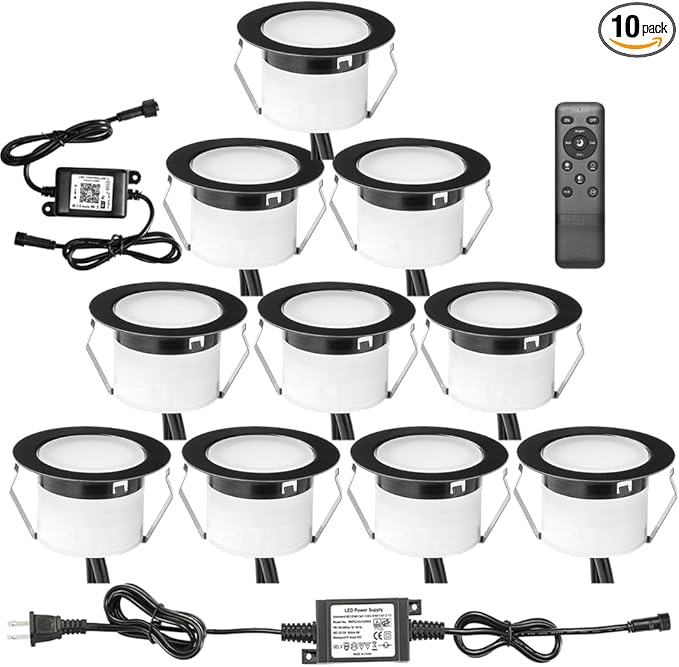 LED Deck Light Kit, 10pcs Φ1.77” WiFi Wireless Smart Phone Control Low Voltage Recessed RGBW Deck Lights with Remote, Voice Control, IP67 Waterproof Outdoor Path Stair Landscape Lighting, Black