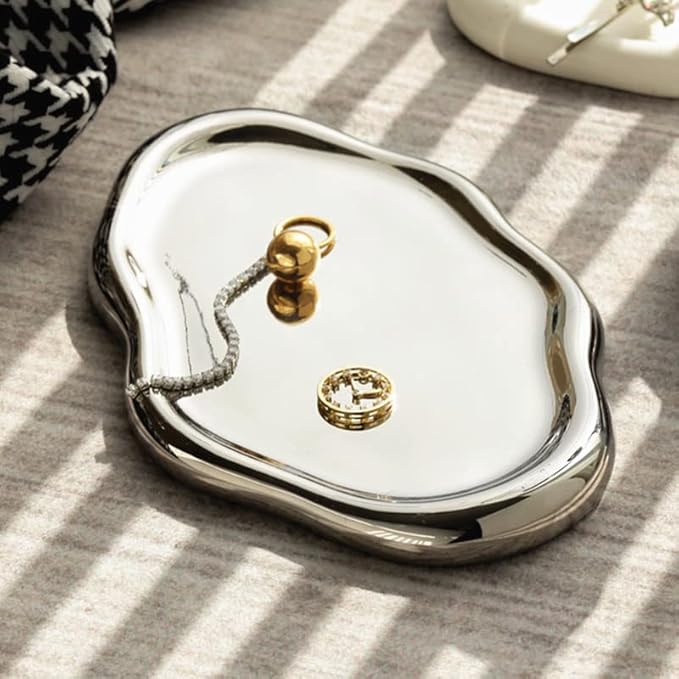 Jewelry Dish Tray, Ring Dish, Ceramic Trinket Small Key Mother's Day, Christmas, Thanksgiving, Birthday Gift for Mother Daughter Friends Silver