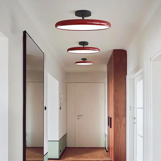 KCO Lighting Modern Red Ceiling Light Fixture Large Industrial Black Flush Mount LED Pendant Lamp Mid Century Flat Rustic Semi Flush Mount Ceiling Light for Porch Hallway Entryway
