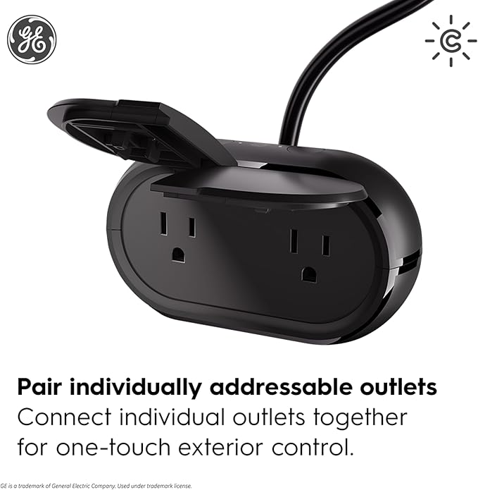 GE Cync Smart Plug, Outdoor Bluetooth and Wi-Fi Outlet Socket, Weather Resistant Plug, Works with Alexa and Google, Black (1 Pack)