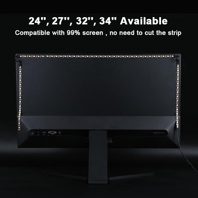 Gaming Lighting Sync PC Backlight 16 Million Color USB Powered RGB IC LED PC Backlight Strip for Gaming Room Decor, Smart LED Lights for Monitors with Color (for 34" PC)