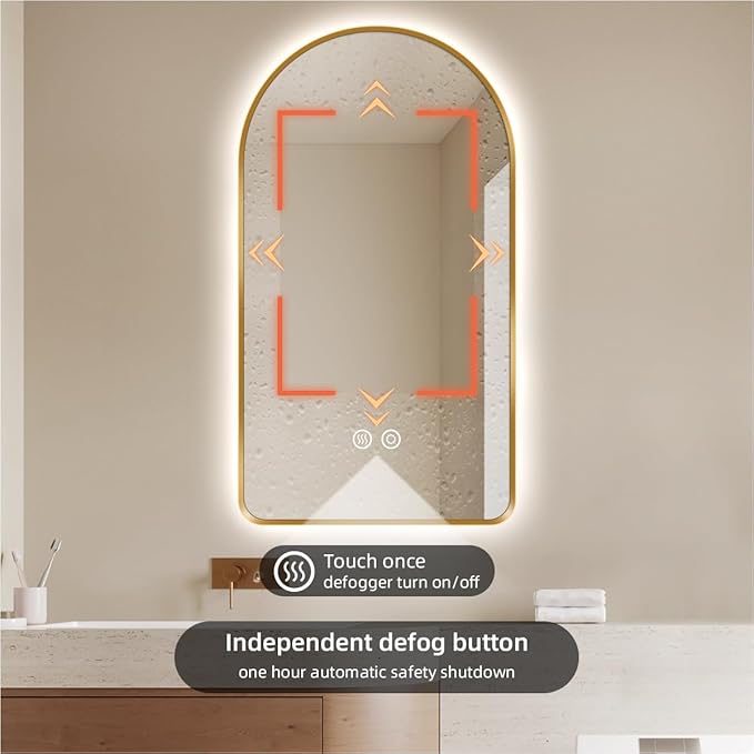 32"L x 20"W Arched LED Bathroom Mirror, Brushed Gold Frame, Backlit Vanity Mirror with Lights, Wall Mounted Lighted Mirror, Dimmable 3-Color Shatter-Proof Arch Smart Mirror, UL-Listed, CRI≥93