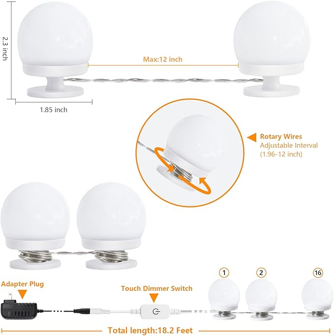 AIBOO Vanity Lights for Mirror, 16 Bulbs Makeup CCT Lighting, Dimmable Brightness & Adjustable Color Temperature, Plug in Stick on for Makeup Dressing Room Bathroom (Mirror Not Included)