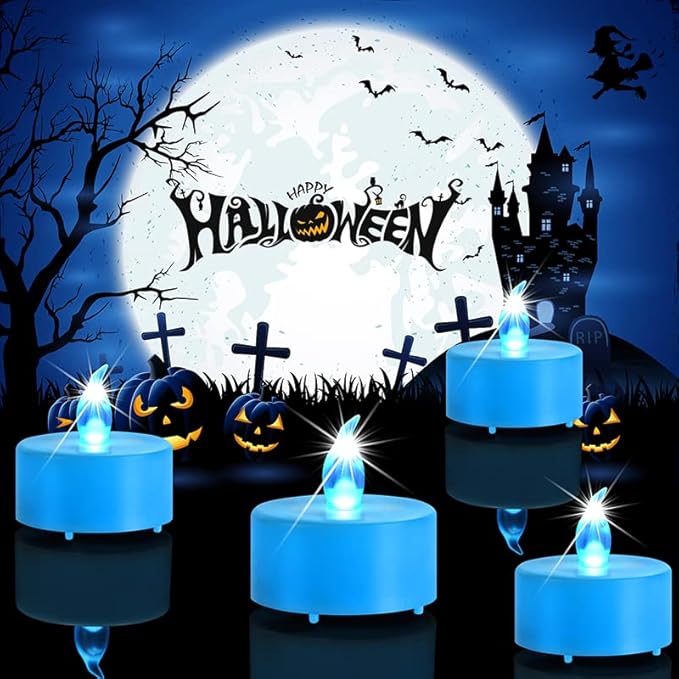 Battery Operated Flameless Tea Lights Candles-LED Flickering Votive lamp Long Lasting 200 Hours,24 Pack Realistic and Bright for Seasonal Festive Celebrations Decoration(Blue)