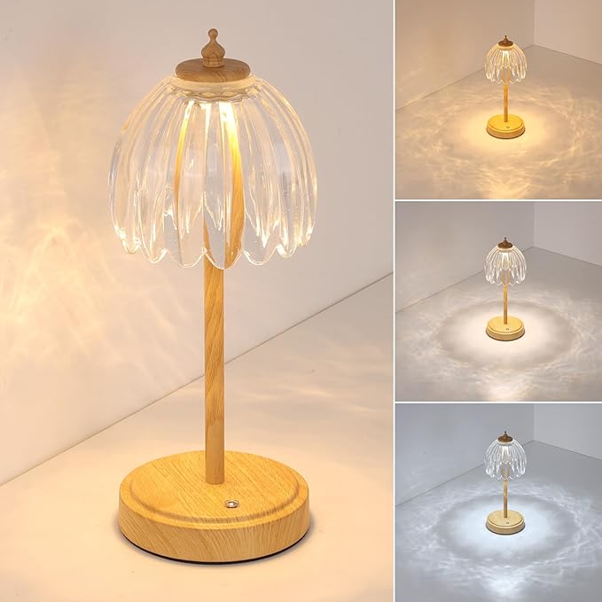 Tulip Table Lamp with 5200mAh Battery & Touch Control, Small Cordless Table Lamp with 3 Colors, Rechargeable Battery Operated Table Lamps for Bedroom, Desk, Bedside (Transparent-Beech Color)