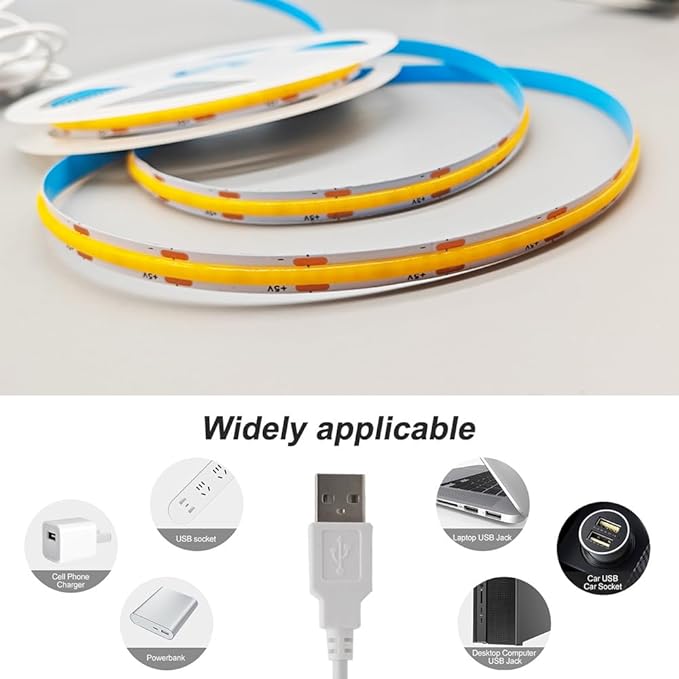 COB LED Strip Lights White 3.28ft, 5V Dimmable LED Light Strip, Flexible USB Light Strip for Cabinet, TV Backlighting, Bedroom, Kitchen, Home DIY Lighting