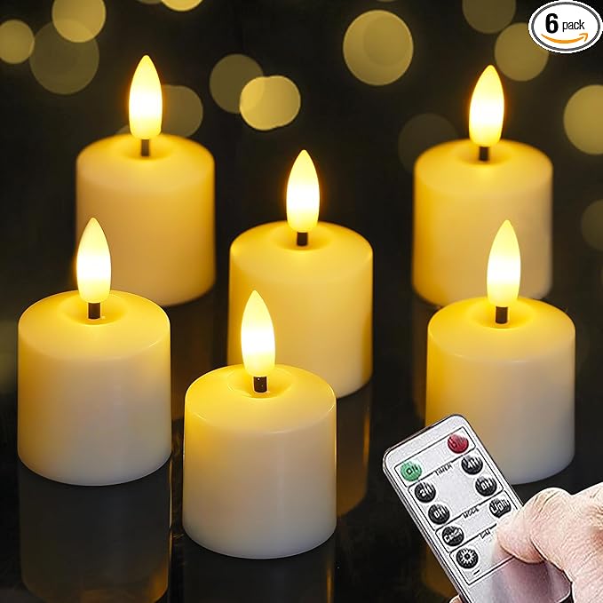 Small Flickering Tea Light Flameless Candles with Battery and Remote,1.5" x2.5" Ivory LED 2/4/6/8H Timer Votive Battery Operated Pillar Plastic Long Lasting 6pcs Tealight Candles
