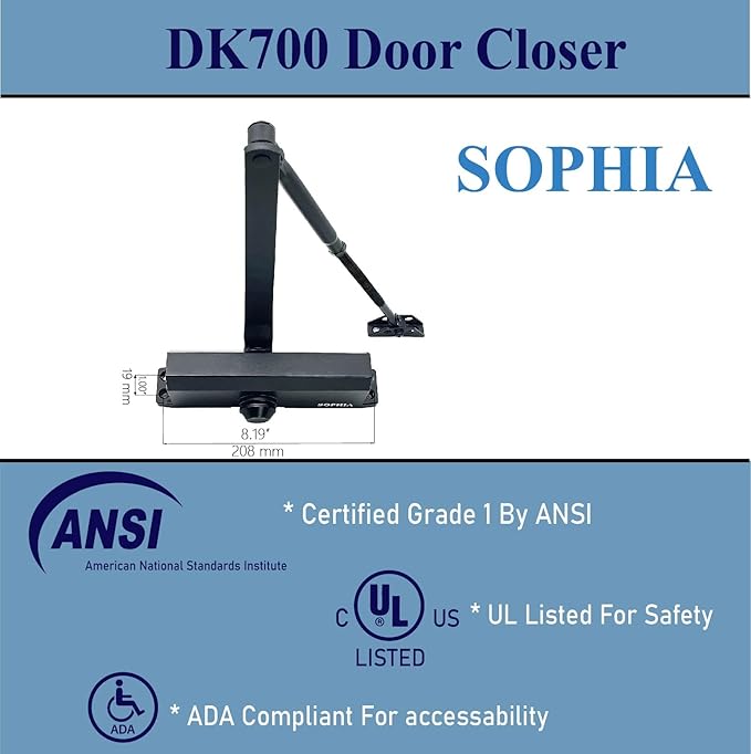 SOPHIA Commercial Door Closer Grade 2, Automatic Door Closer DK700 with Backcheck Function, Hydraulic Auto for Home & Light Commercial Property (Size 3), Matte Black