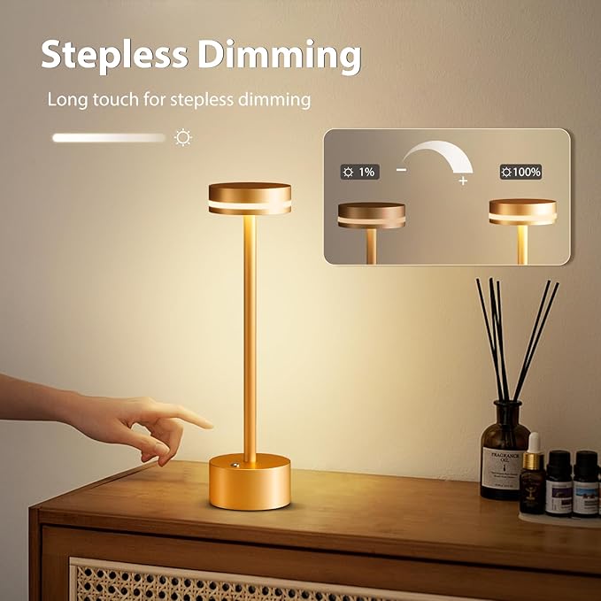 2 Pack Gold Modern Cordless Table Lamp Rechargeable, Aluminum Touch Lamp & 4000mAh Battery Operated, 3000K LED Table Lamps for Home Decor, Dining, Reading, Desk, Bedroom, Gift