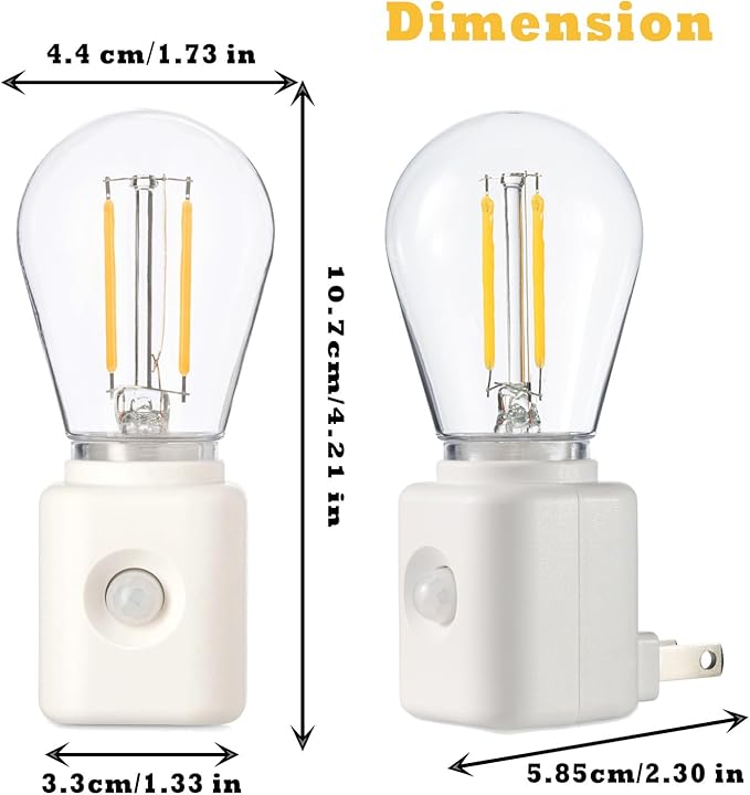 Led Night Light Bulb Plug in, 1W Vintage Nightlight, Dusk to Dawn and Motion Sensor, Warm White 2700K, 10-100LM Adjustable Brightness, Dimmable, for Hallway Bedroom Stairway, 1 Pack