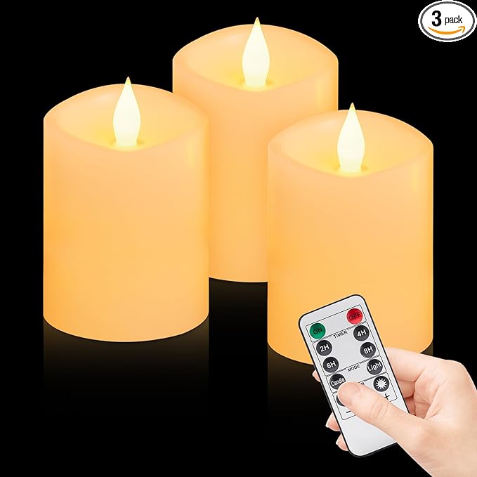 3x4 inch Flameless Candles: Realistic Flameless LED, Battery-Powered Pillar Candles with Remote & Timer, Fake Candles for Fall Decor, (Ivory, 3"*4"-3pcs)