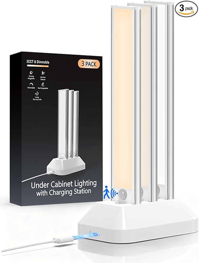 Under Cabinet Lighting with Charging Station, 2200mAh Rechargeable Motion Sensor Light Indoor, Dimmable Closet Lights with 3 Color Tempers, Magnetic Under Cabinet Lights for Kitchen Wireless, 3-Pack
