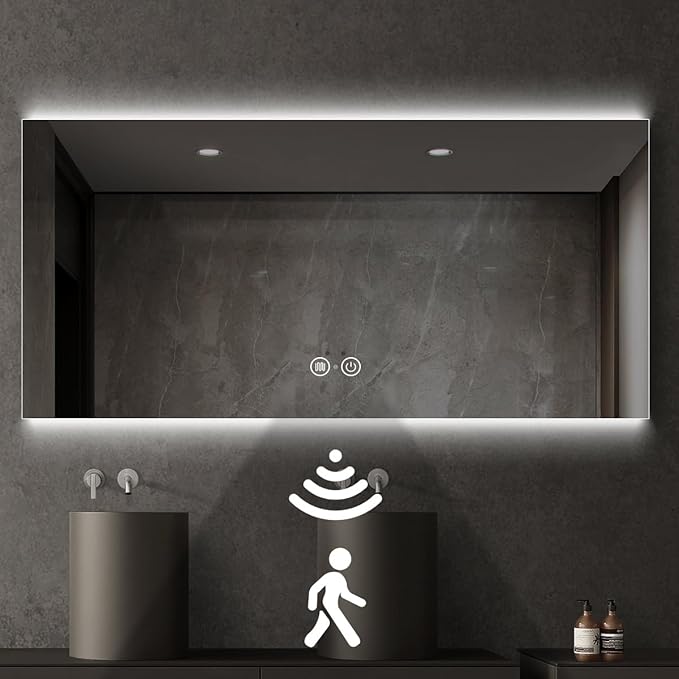 36" H x 72" W LED Bathroom Mirror, Infrared Motion Sensor Vanity Mirror with 3-Color Top & Bottom Backlit Lights, Stepless Dimmable Wall Mirror with Anti-Fog, Rectangular, UL-Listed