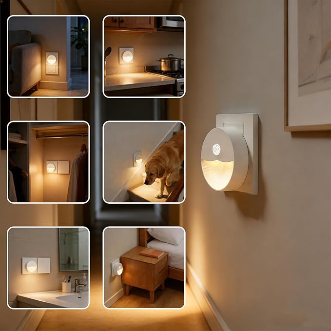 Plug-in Motion Sensor Night Light, Dusk to Dawn Light Sensor, Soft Warm White LED Backlit Glow, Auto On/Off for Bathroom Bedroom Hallway Stairs Nursery, 4 Pack