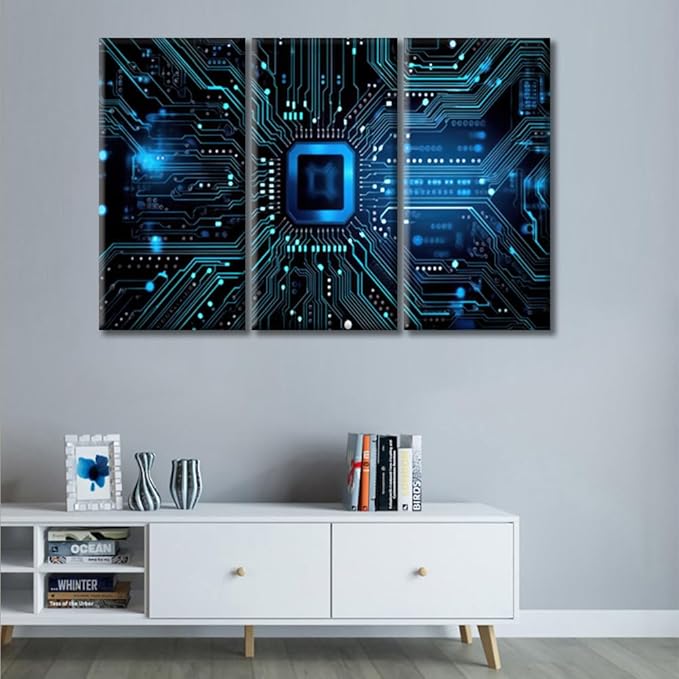 Rebotipy Computer Processors CPU Wall Art for Living Room Blue Circuit Board Modern Home Decor CPU Concept Posters Artwork for Bedroom Office Wall Art Painting Pictures Ready to Hang,(42" Wx28 H)
