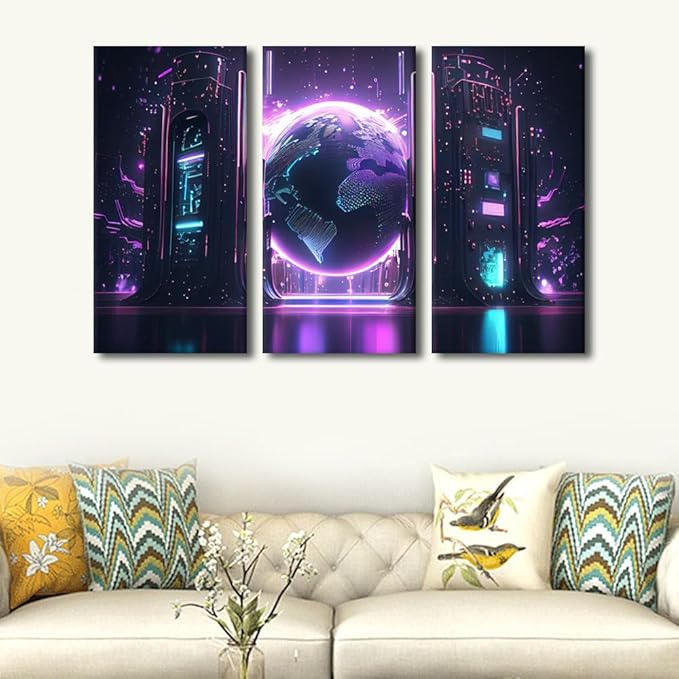 Digital World Poster Modern Wall Art 3 Piece Cyber Space Posters for Bedroom Living Room Wall Decoration, Wooden Framed Gallery-Wrapped Ai Artwork Ready to Hang, 60" Wx40 H