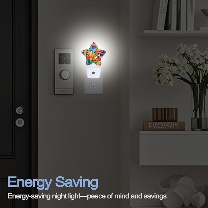 Colorful Stained Glass Dusk to Dawn Star Night Light,Abstract Smart Sensor Nightlight for Bedroom Kitchen Hallway Stairs,Plug-in Energy Efficient Decor Desk Lamp Women Men Gifts