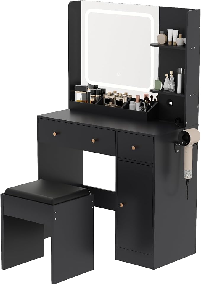 Vanity Desk with Mirror and Lights,Power Outlet,Makeup Vanity Table Set with Storage Drawers Shelves Cabinet& Chair,3 Lighting Modes & Adjustable Brightness,Dressing Table for Bedroom