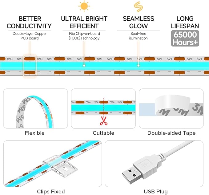 BTF-LIGHTING FCOB USB Powered Ice Blue COB LED Strip Lights 6.56FT 640LEDs 5V 8mm Width 90+ High CRI Ultra Bright Flexible Light for 3D Printer TV Backlight Display Cabinet PC DIY Decor