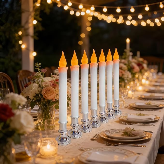 8 Pack 9" LED Candle Lights with Dusk to Dawn Sensor, Silver Base Battery Powered Flameless Candles for Indoor Table Party Decor