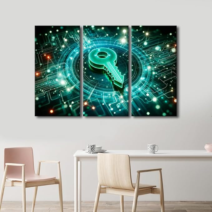 Large Canvas Wall Art Digital Security and Data Protection Concept Picture Posters for Bedroom Office Wall Decoration, Stretched Framed Gallery-Wrapped Ready to Hang, 60" Wx40 H