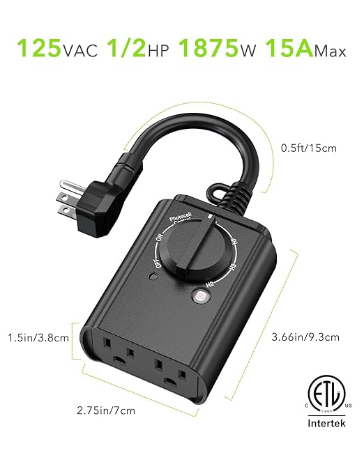 BN-LINK Outdoor Light Timer with Dusk to Dawn Sensor, Weatherproof Dual Grounded Outlets for Christmas/Halloween Decorations, 15A 1/2HP ETL Listed