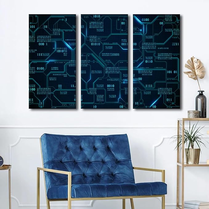 Digital Age Wall Art for Bedroom CPU Concept Canvas Painting Computer Chip Wall Art for Living Room Technology Modern Home Decor Poster 3 Panels Stretched on Wooden Frame Ready to Hang(40"Wx60"H)