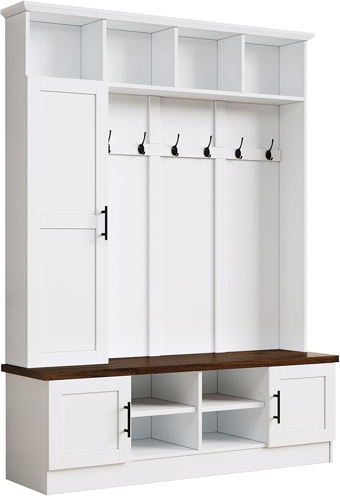 Versatile 3-in-1 Hall Tree with 6 Hooks, Farmhouse Walnut Storage Bench with Adjustable Shelves, 55" W Entryway Coat Rack with Multiple Storage Space for Mudroom, Living Room (White-7)