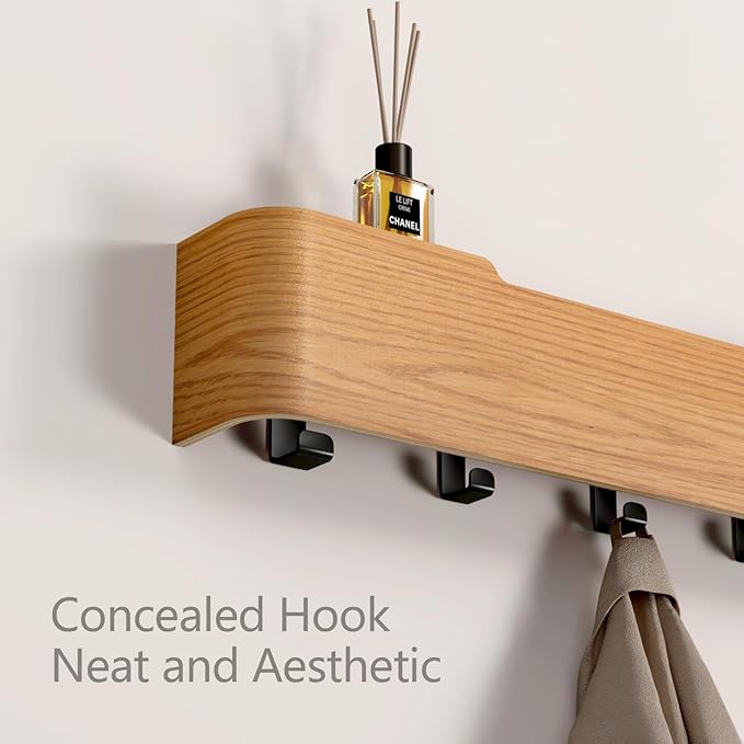 Coat Rack Wall Mount Entryway Organizer Modern Key Holder Wall Mount with Wooden Shelf Entryway Hooks for Bedroom Kitchen Hallway Bathroom for Hanging Coats Hats Dog Leashes Bags Towels