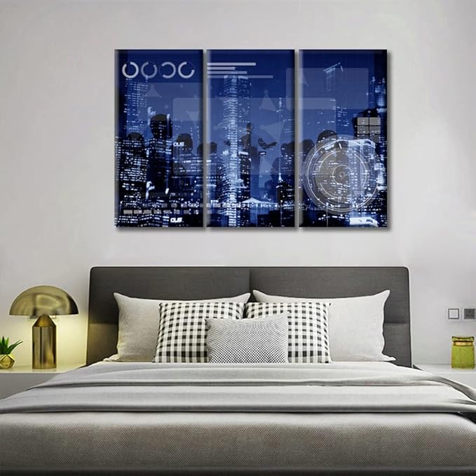TUMOVO Networking Medias Concept Pictures Home Decor Smart City Paintings Wall Art for Living Room 3 Pieces Wall Decor Posters and Prints Stretched and Framed Ready to Hang (42" Wx28 H)