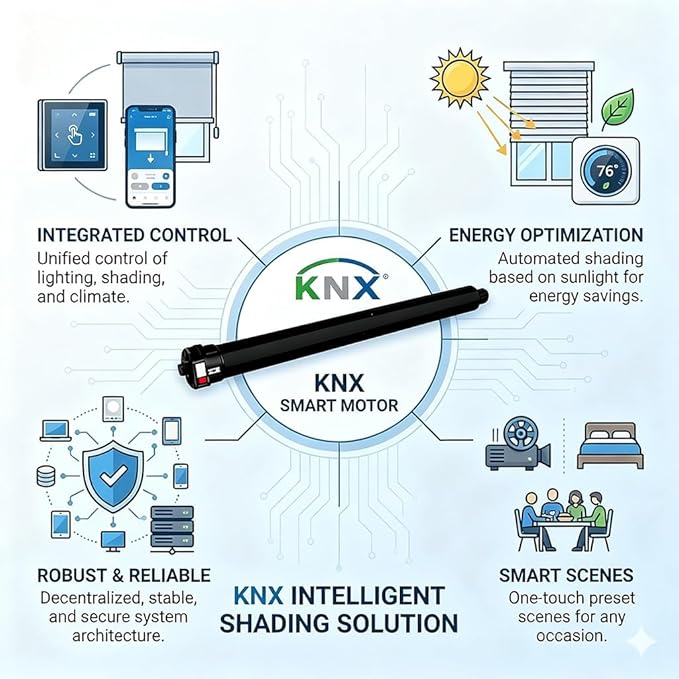 KNX Smart Tubular Motor 120V, Heavy Duty Electric Roller Shade Engine, Wired Automation Blind Drive, 433MHz Remote, Quiet Lift for Wood Blinds & Screens (50 N.m for Φ74mm（3"） Round Tube)